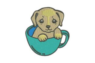Adorable Puppy in Cup: A Charming Embroidery Design